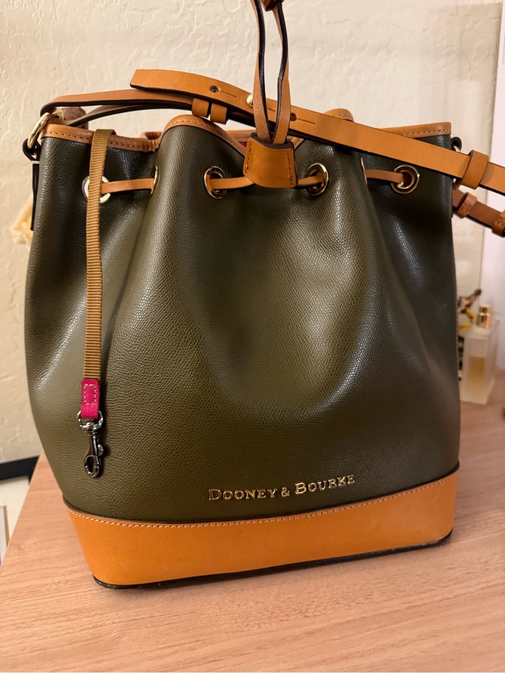 Dooney & Bourke Olive Green and Tan Leather Drawstring Shoulder Bag